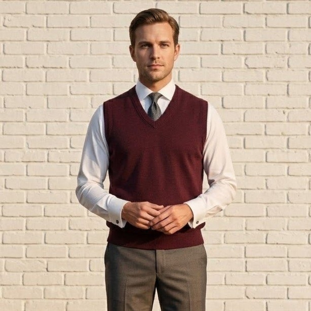 Merino Wool Blend Sweater Vest Mens Large Knit Burgundy Preppy Office Academia
